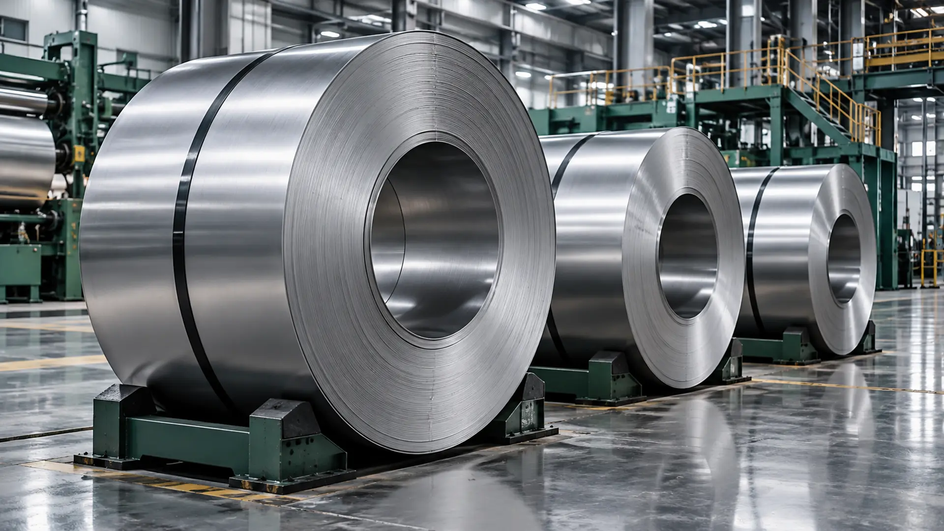 Precision cold rolled steel coils lined up in a modern production facility