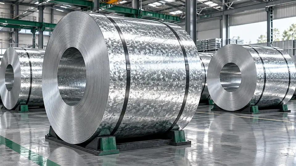 Bright galvanized steel coils in a clean factory