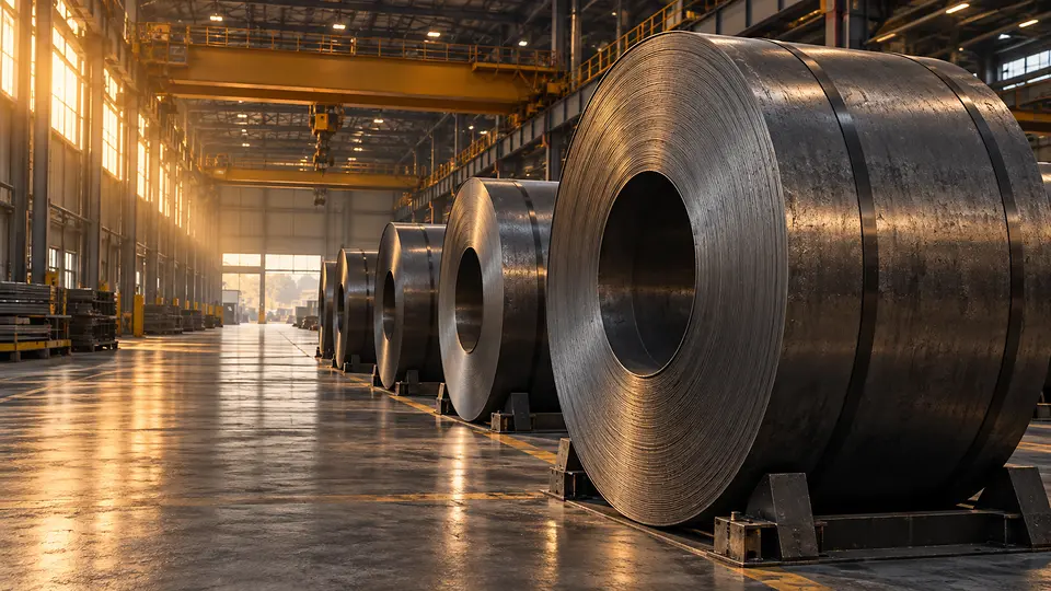 Hot rolled steel coils in a modern warehouse